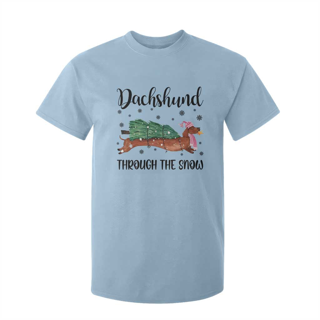 Funny Christmas Wiener Dog T Shirt For Kid Dachshund Through The Snow Xmas Tree TS11 Light Blue Print Your Wear
