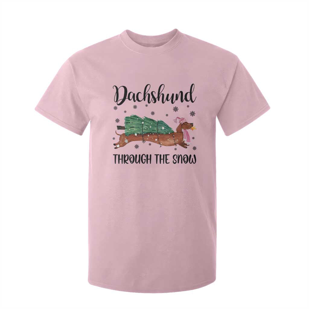 Funny Christmas Wiener Dog T Shirt For Kid Dachshund Through The Snow Xmas Tree TS11 Light Pink Print Your Wear