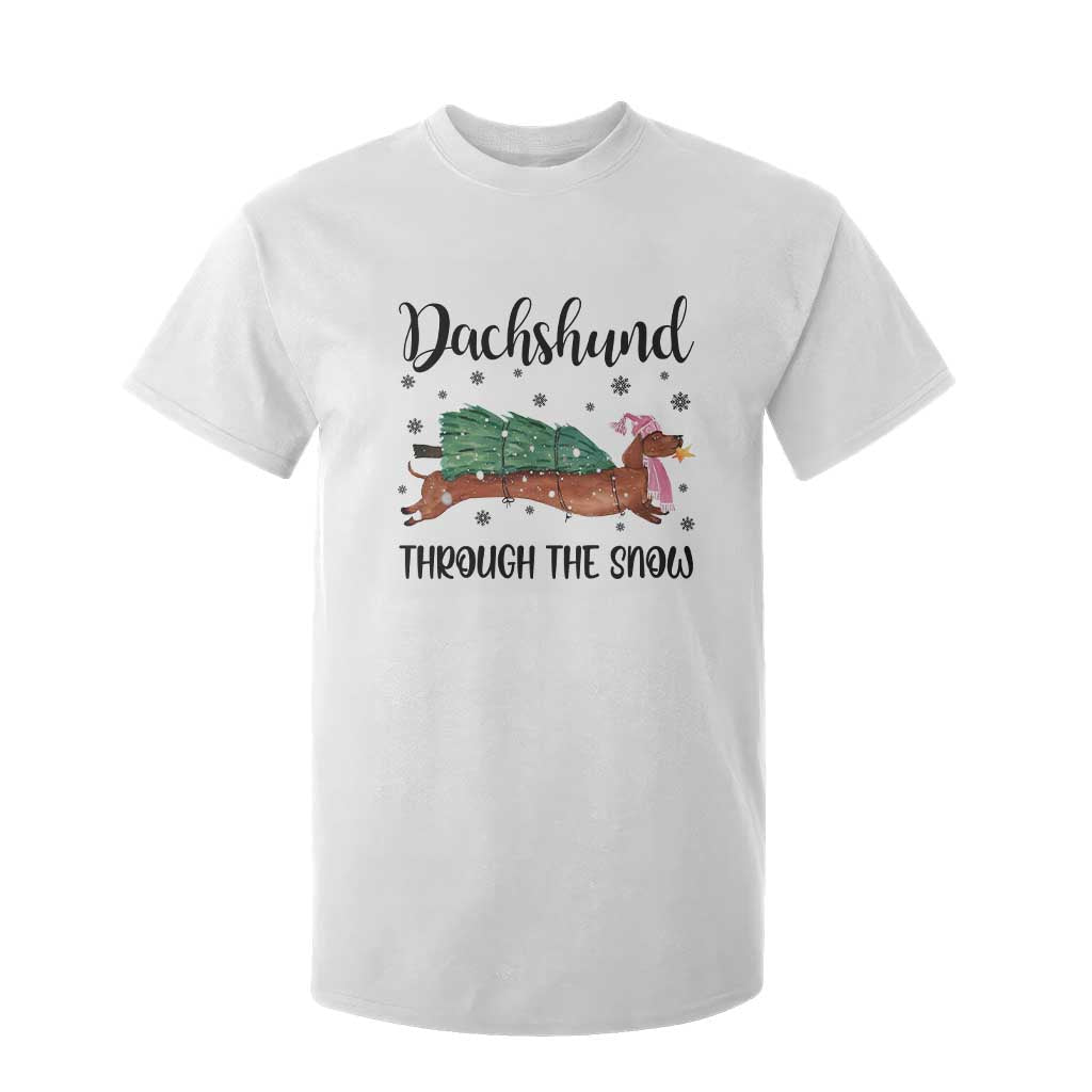 Funny Christmas Wiener Dog T Shirt For Kid Dachshund Through The Snow Xmas Tree TS11 White Print Your Wear