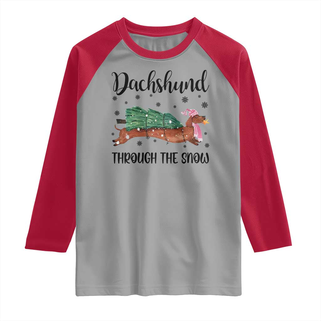 Funny Christmas Wiener Dog Raglan Shirt Dachshund Through The Snow Xmas Tree TS11 Sport Gray Red Print Your Wear
