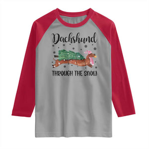 Funny Christmas Wiener Dog Raglan Shirt Dachshund Through The Snow Xmas Tree TS11 Sport Gray Red Print Your Wear