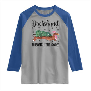 Funny Christmas Wiener Dog Raglan Shirt Dachshund Through The Snow Xmas Tree TS11 Sport Gray Royal Print Your Wear