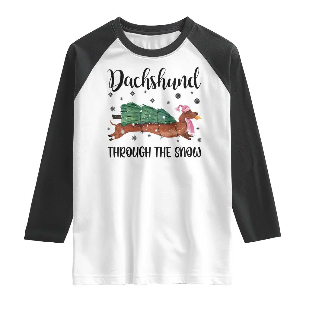 Funny Christmas Wiener Dog Raglan Shirt Dachshund Through The Snow Xmas Tree TS11 White Black Print Your Wear