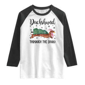 Funny Christmas Wiener Dog Raglan Shirt Dachshund Through The Snow Xmas Tree TS11 White Black Print Your Wear