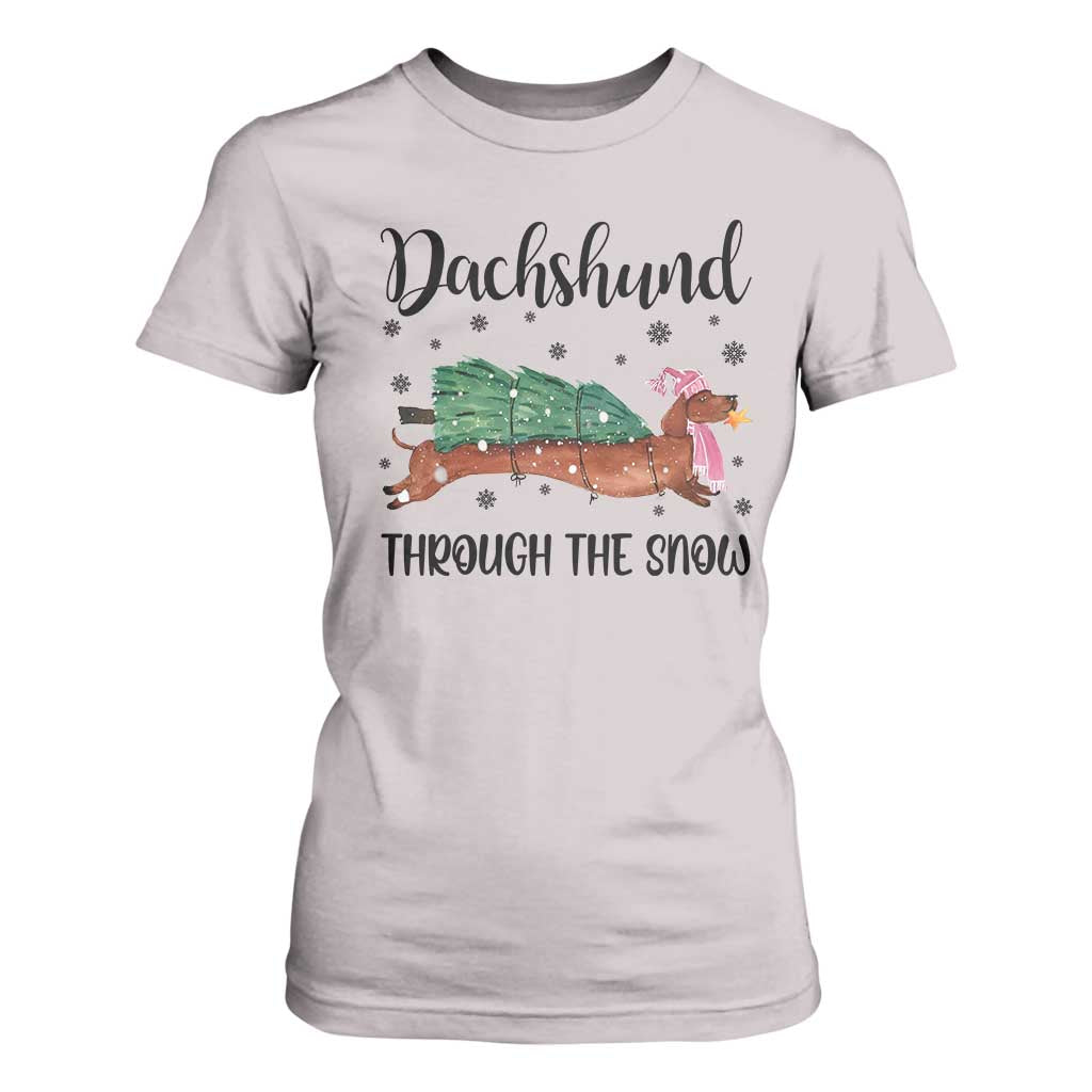 Funny Christmas Wiener Dog T Shirt For Women Dachshund Through The Snow Xmas Tree TS11 Ice Gray Print Your Wear