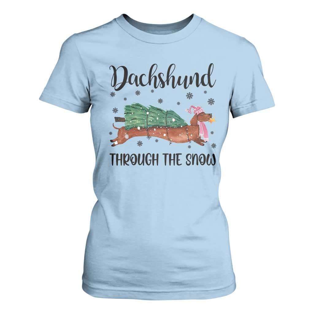 Funny Christmas Wiener Dog T Shirt For Women Dachshund Through The Snow Xmas Tree TS11 Light Blue Print Your Wear
