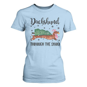 Funny Christmas Wiener Dog T Shirt For Women Dachshund Through The Snow Xmas Tree TS11 Light Blue Print Your Wear