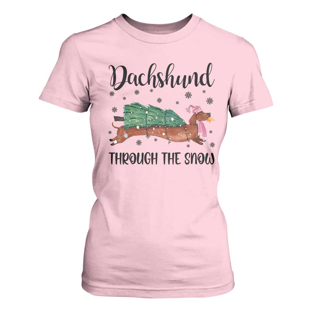 Funny Christmas Wiener Dog T Shirt For Women Dachshund Through The Snow Xmas Tree TS11 Light Pink Print Your Wear