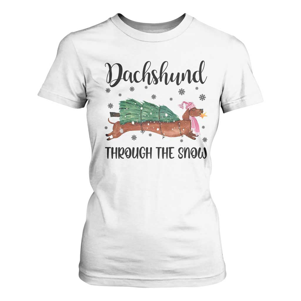 Funny Christmas Wiener Dog T Shirt For Women Dachshund Through The Snow Xmas Tree TS11 White Print Your Wear