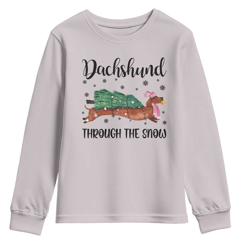 Funny Christmas Wiener Dog Youth Sweatshirt Dachshund Through The Snow Xmas Tree TS11 Ice Gray Print Your Wear