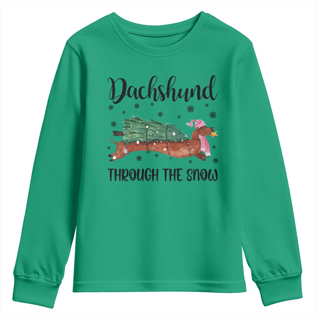 Funny Christmas Wiener Dog Youth Sweatshirt Dachshund Through The Snow Xmas Tree TS11 Irish Green Print Your Wear