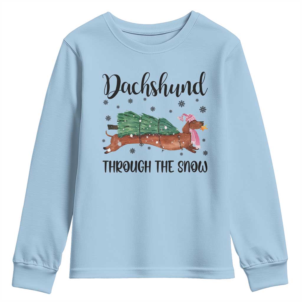 Funny Christmas Wiener Dog Youth Sweatshirt Dachshund Through The Snow Xmas Tree TS11 Light Blue Print Your Wear