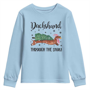 Funny Christmas Wiener Dog Youth Sweatshirt Dachshund Through The Snow Xmas Tree TS11 Light Blue Print Your Wear