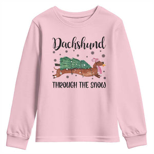 Funny Christmas Wiener Dog Youth Sweatshirt Dachshund Through The Snow Xmas Tree TS11 Light Pink Print Your Wear