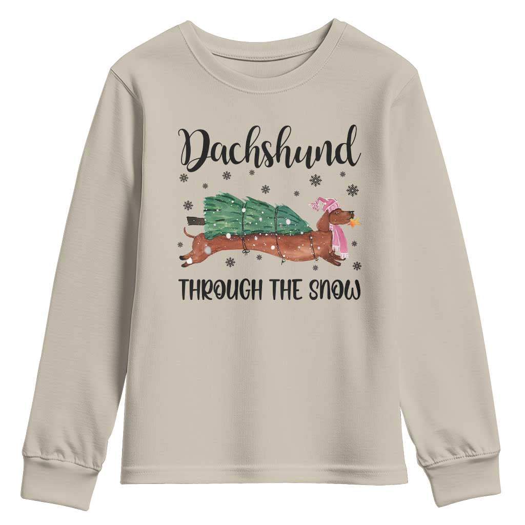 Funny Christmas Wiener Dog Youth Sweatshirt Dachshund Through The Snow Xmas Tree TS11 Sand Print Your Wear