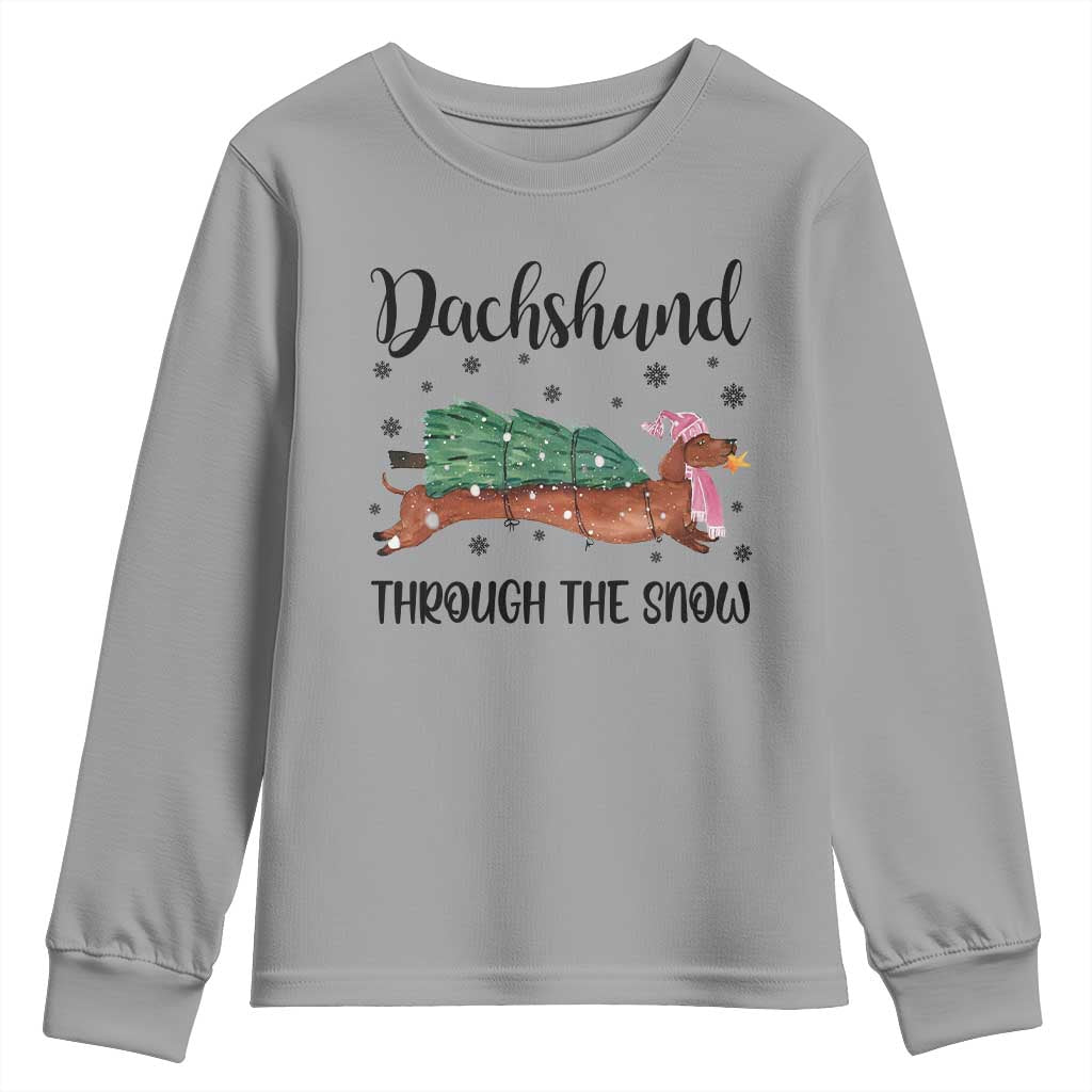 Funny Christmas Wiener Dog Youth Sweatshirt Dachshund Through The Snow Xmas Tree TS11 Sport Gray Print Your Wear