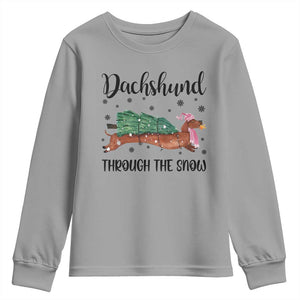Funny Christmas Wiener Dog Youth Sweatshirt Dachshund Through The Snow Xmas Tree TS11 Sport Gray Print Your Wear