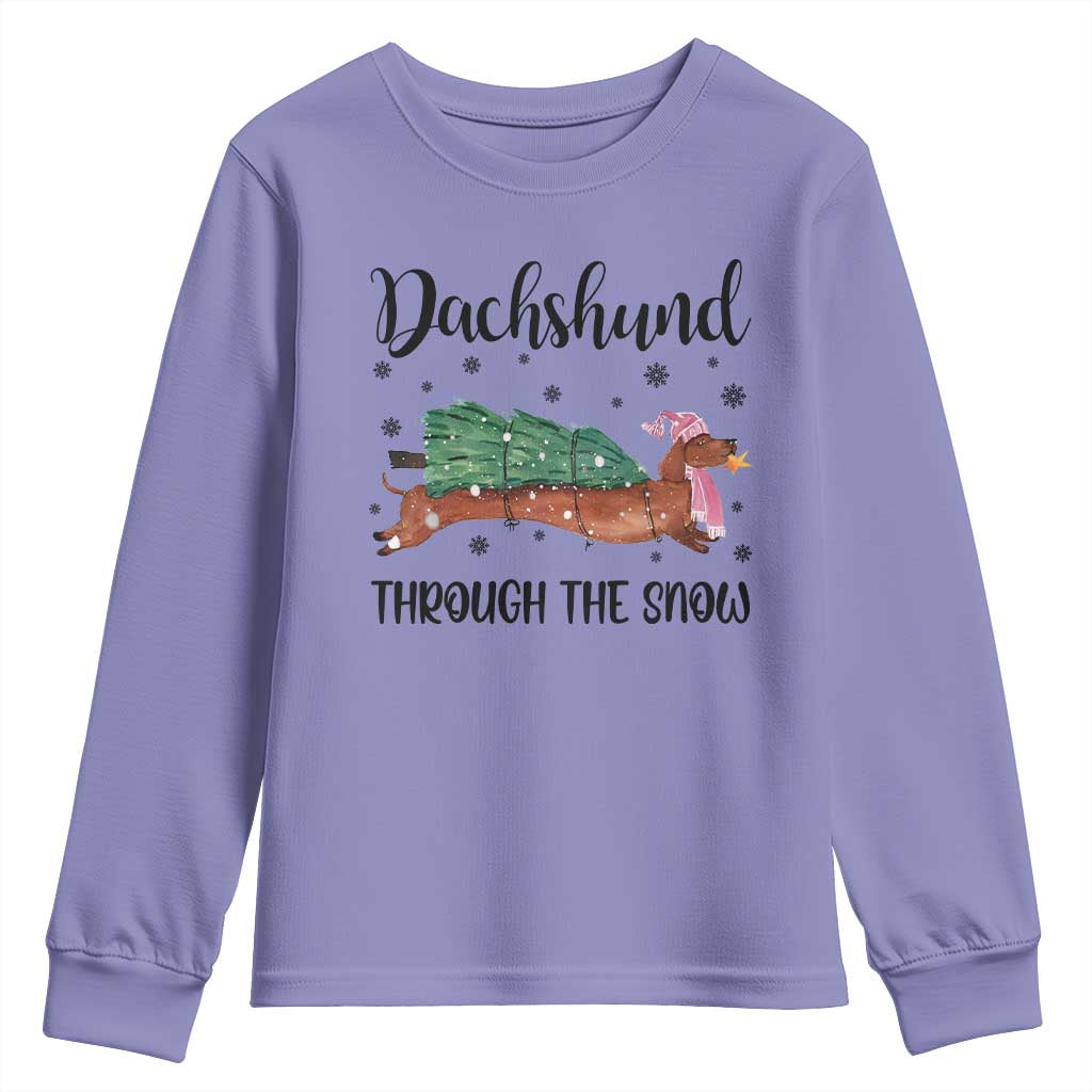 Funny Christmas Wiener Dog Youth Sweatshirt Dachshund Through The Snow Xmas Tree TS11 Violet Print Your Wear