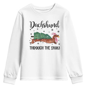 Funny Christmas Wiener Dog Youth Sweatshirt Dachshund Through The Snow Xmas Tree TS11 White Print Your Wear