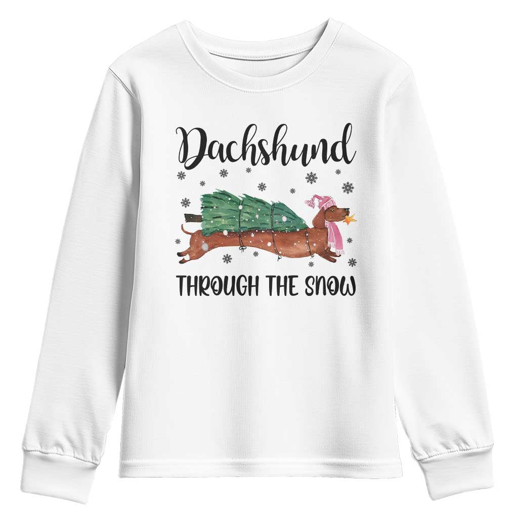 Funny Christmas Wiener Dog Youth Sweatshirt Dachshund Through The Snow Xmas Tree TS11 White Print Your Wear