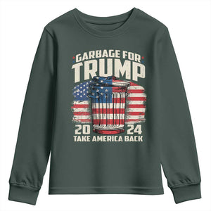 Garbage For Trump 2024 Youth Sweatshirt Take America Back America Flag TS11 Dark Forest Green Print Your Wear