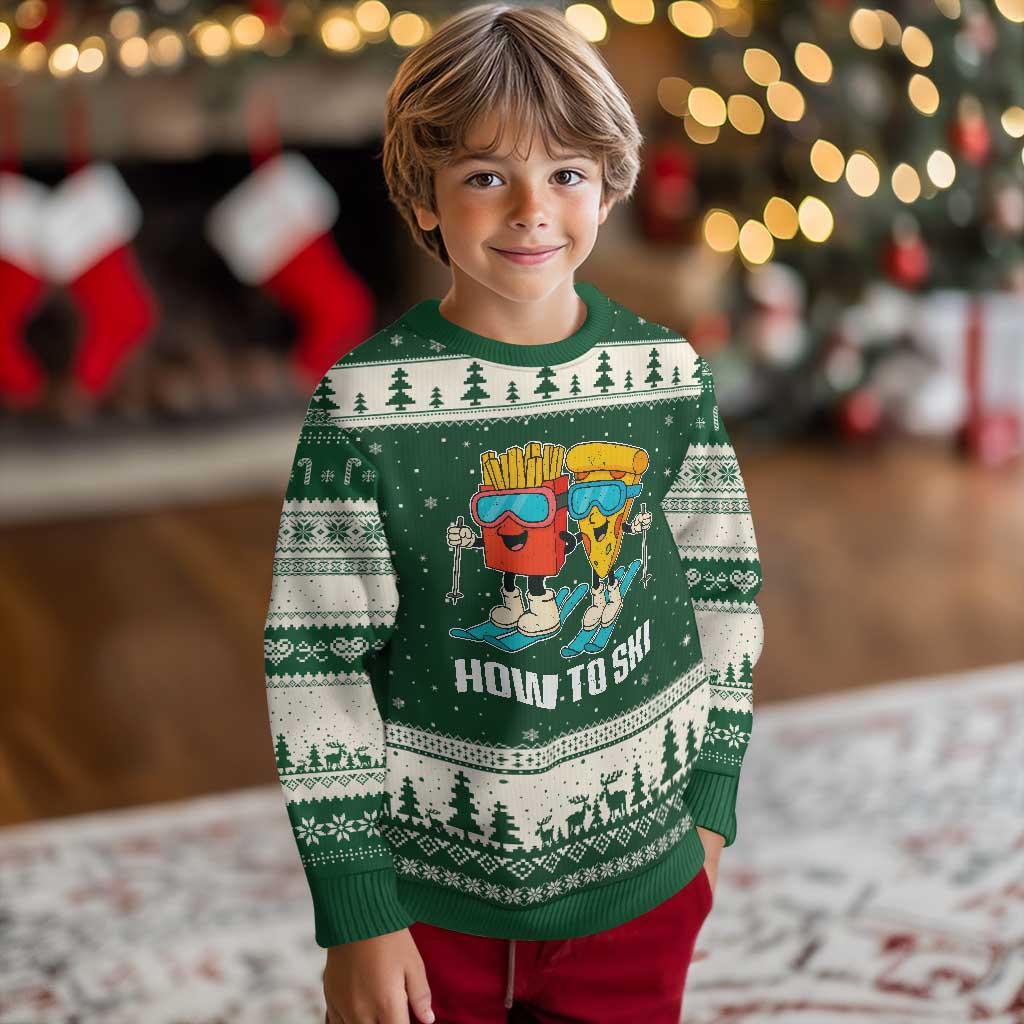 Funny Skiing Food Lover Ugly Christmas Sweater How To Ski Pizza French Fries Skier TS11 Forest Green Beige Print Your Wear