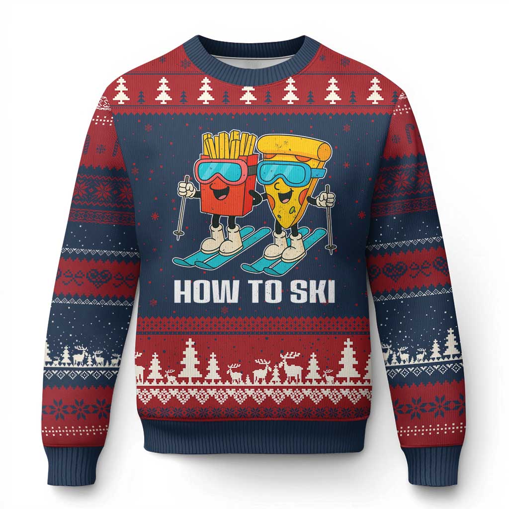 Funny Skiing Food Lover Ugly Christmas Sweater How To Ski Pizza French Fries Skier TS11 Navy Red Print Your Wear