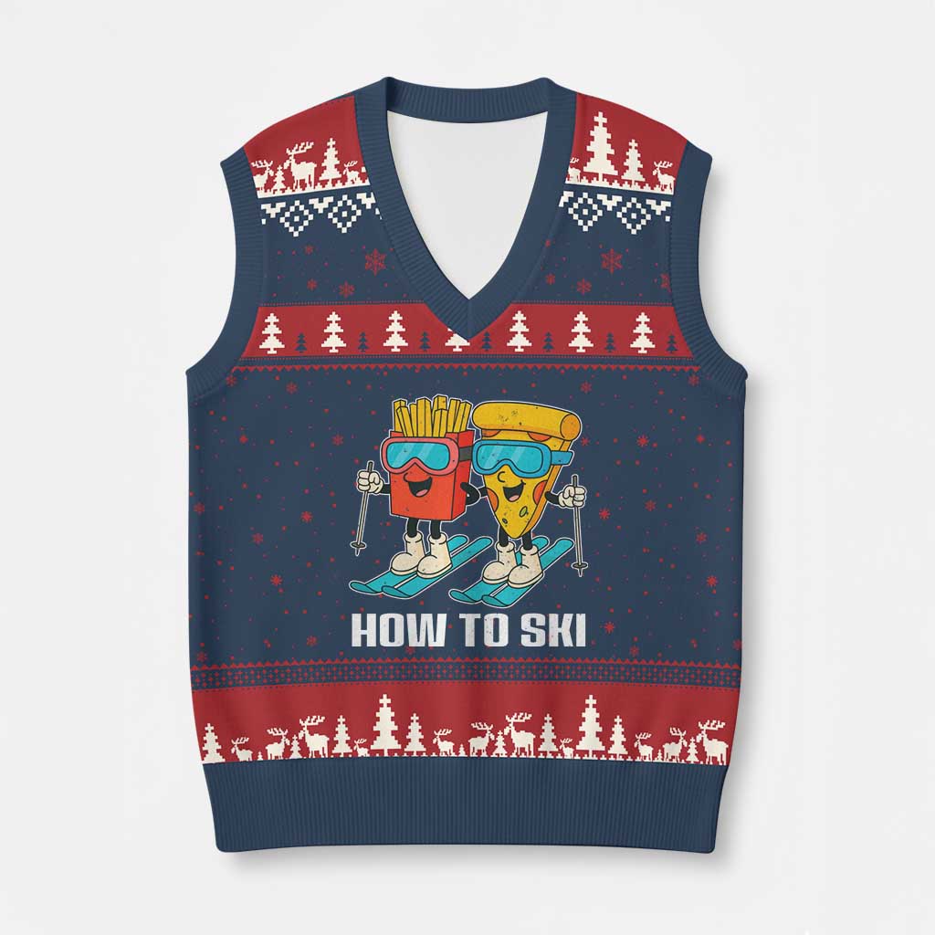 Funny Skiing Food Lover V-Neck Knit Sweater Vest How To Ski Pizza French Fries Skier TS11 Navy Red Print Your Wear
