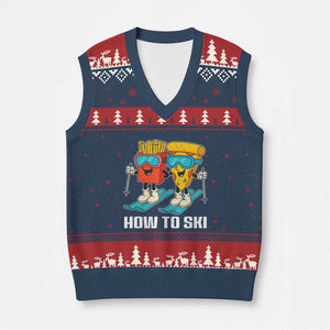 Funny Skiing Food Lover V-Neck Knit Sweater Vest How To Ski Pizza French Fries Skier TS11 Navy Red Print Your Wear