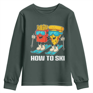Funny Skiing Food Lover Youth Sweatshirt How To Ski Pizza French Fries Skier TS11 Dark Forest Green Print Your Wear