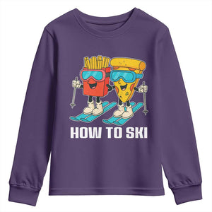 Funny Skiing Food Lover Youth Sweatshirt How To Ski Pizza French Fries Skier TS11 Purple Print Your Wear