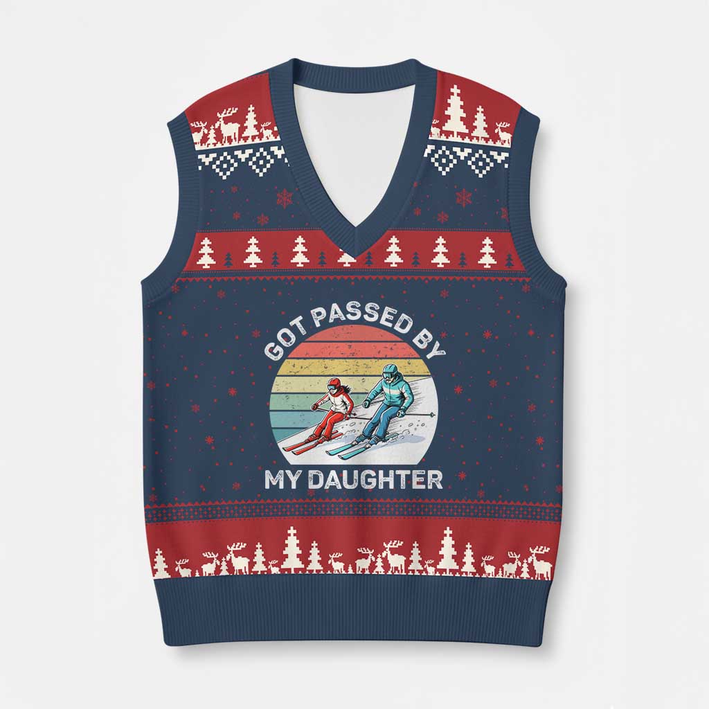 Funny Skiing Dad V-Neck Knit Sweater Vest Got Passed By My Daughter Retro Vintage TS11 Navy Red Print Your Wear