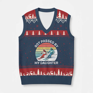 Funny Skiing Dad V-Neck Knit Sweater Vest Got Passed By My Daughter Retro Vintage TS11 Navy Red Print Your Wear