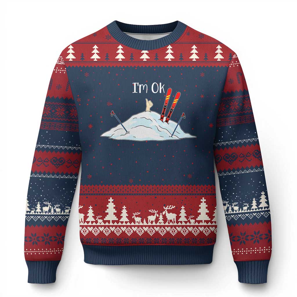 Funny Skiing Snowboarding Ugly Christmas Sweater I Am Okay Ski Crash Winter Sport TS11 Navy Red Print Your Wear
