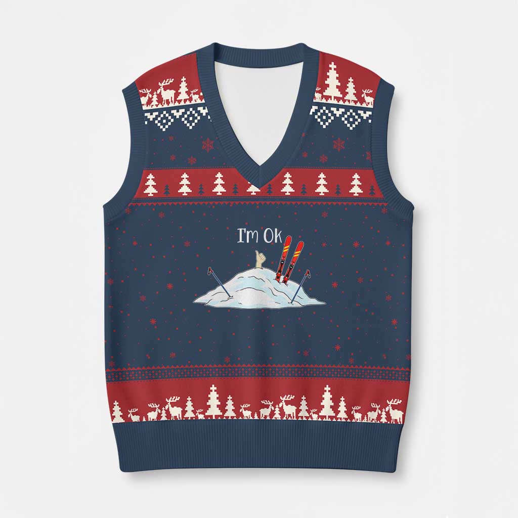 Funny Skiing Snowboarding V-Neck Knit Sweater Vest I Am Okay Ski Crash Winter Sport TS11 Navy Red Print Your Wear