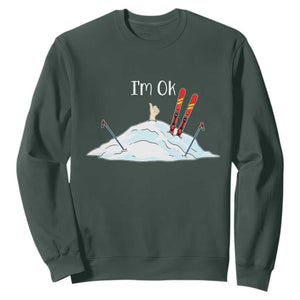 Funny Skiing Snowboarding Sweatshirt I Am Okay Ski Crash Winter Sport TS11 Dark Forest Green Print Your Wear