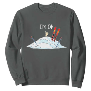 Funny Skiing Snowboarding Sweatshirt I Am Okay Ski Crash Winter Sport TS11 Dark Heather Print Your Wear