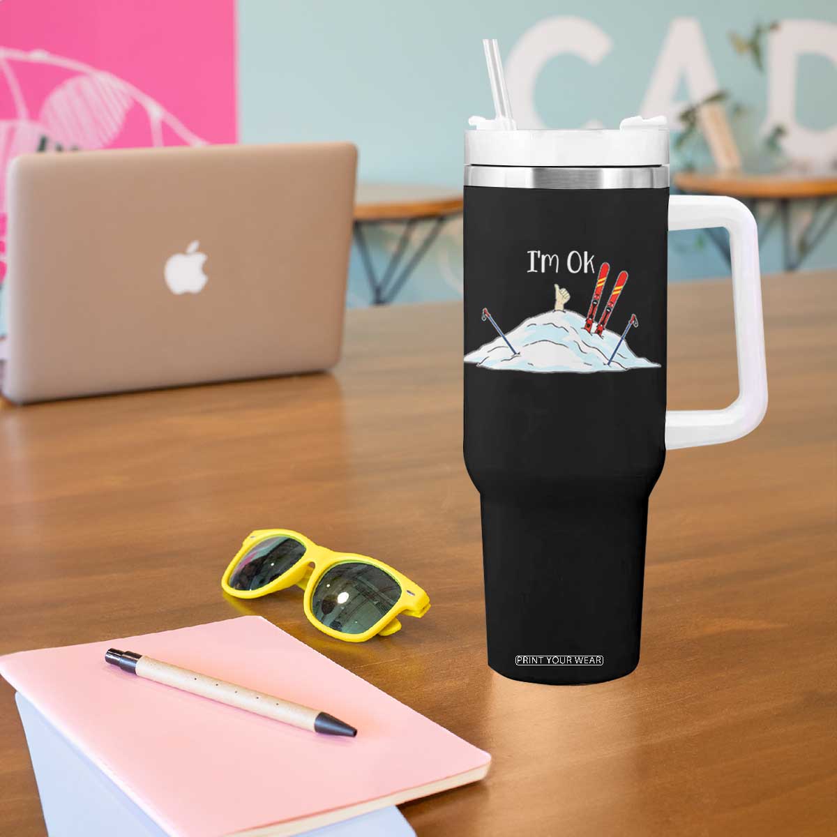 Funny Skiing Snowboarding Tumbler With Handle I Am Okay Ski Crash Winter Sport TS11 Print Your Wear