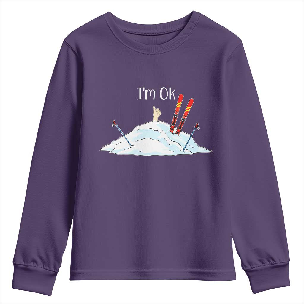Funny Skiing Snowboarding Youth Sweatshirt I Am Okay Ski Crash Winter Sport TS11 Purple Print Your Wear