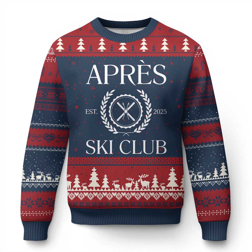 Apres Ski Club 2025 Ugly Christmas Sweater Winter Vacation Drinking Party TS11 Navy Red Print Your Wear