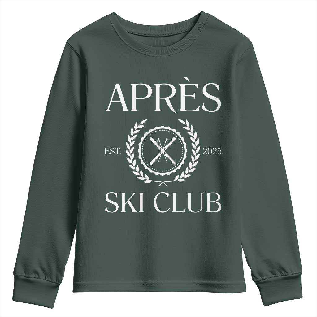 Apres Ski Club 2025 Youth Sweatshirt Winter Vacation Drinking Party TS11 Dark Forest Green Print Your Wear