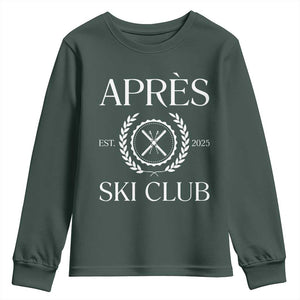 Apres Ski Club 2025 Youth Sweatshirt Winter Vacation Drinking Party TS11 Dark Forest Green Print Your Wear