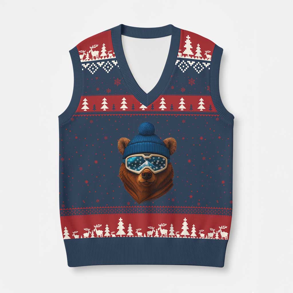 Grizzly Bear Snowboard Goggles Skiing Snow Winter Sport V-Neck Knit Sweater Vest TS11 Navy Red Print Your Wear