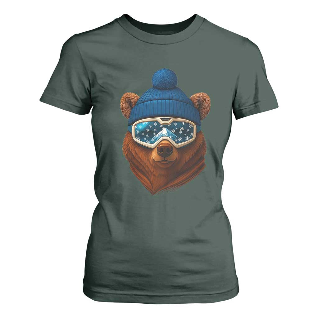 Grizzly Bear Snowboard Goggles Skiing Snow Winter Sport T Shirt For Women TS11 Dark Forest Green Print Your Wear