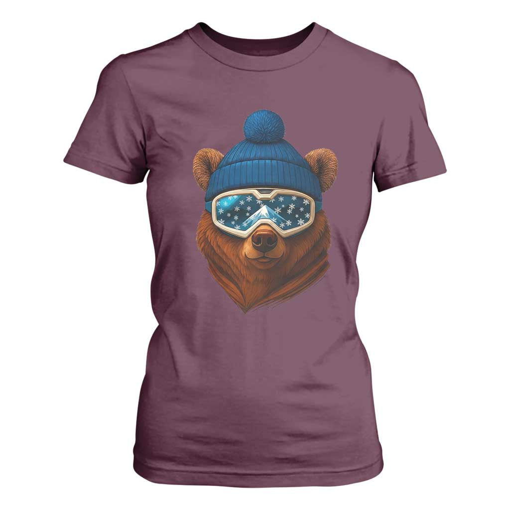 Grizzly Bear Snowboard Goggles Skiing Snow Winter Sport T Shirt For Women TS11 Maroon Print Your Wear