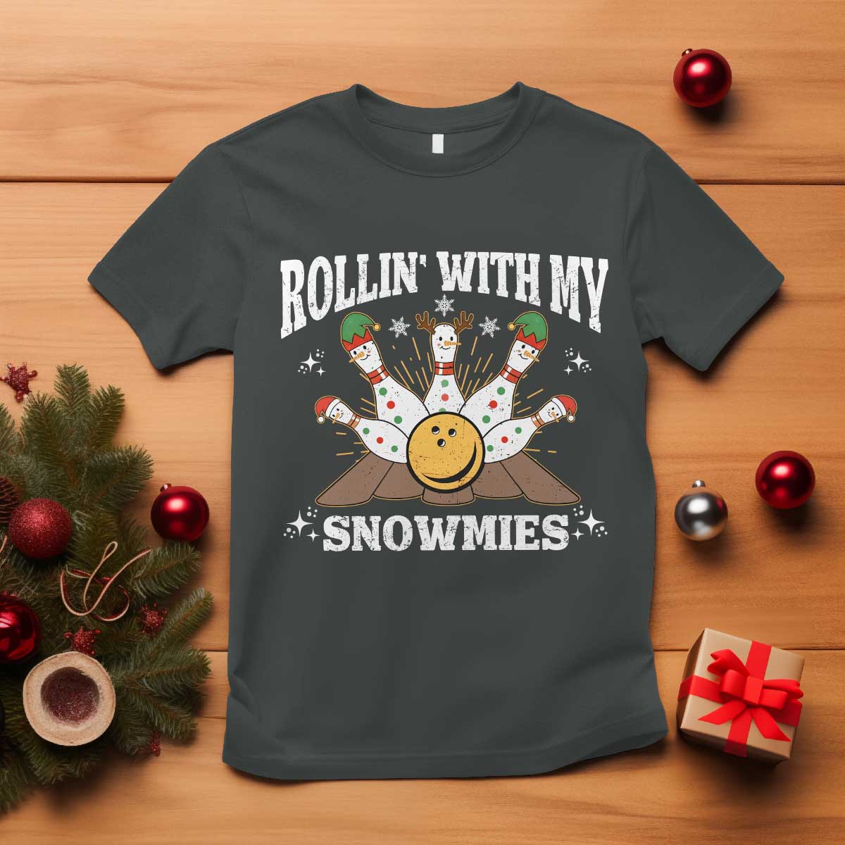 Funny Christmas Bowling T Shirt Rollin With My Snowmies Bowling Pins TS11 Dark Heather Print Your Wear