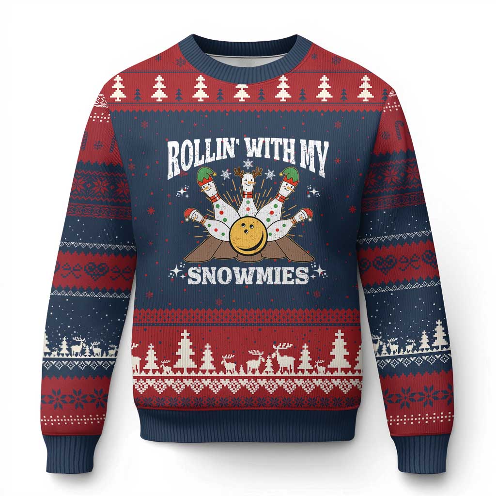Funny Xmas Bowling Ugly Christmas Sweater Rollin With My Snowmies Bowling Pins TS11 Navy Red Print Your Wear