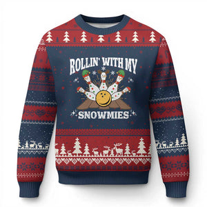 Funny Xmas Bowling Ugly Christmas Sweater Rollin With My Snowmies Bowling Pins TS11 Navy Red Print Your Wear