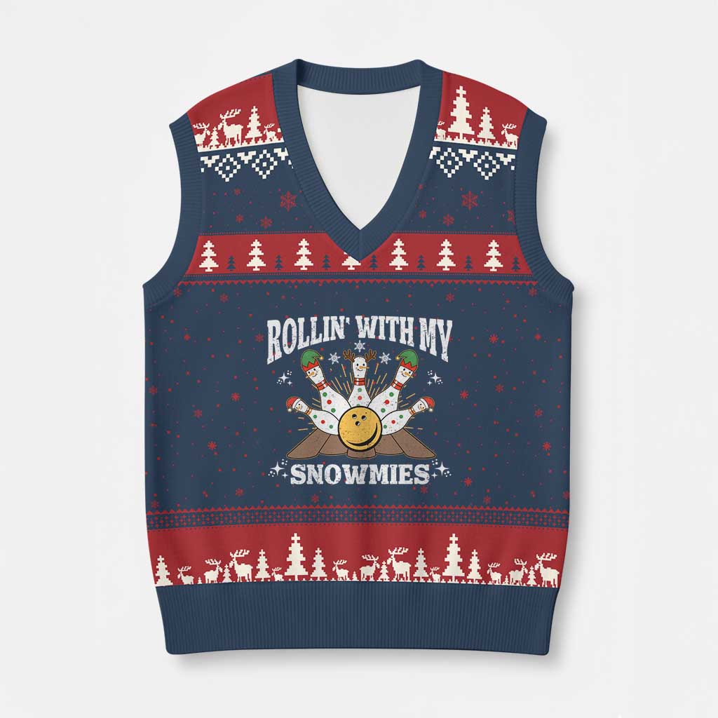 Funny Xmas Bowling V-Neck Knit Sweater Vest Rollin With My Snowmies Bowling Pins TS11 Navy Red Print Your Wear