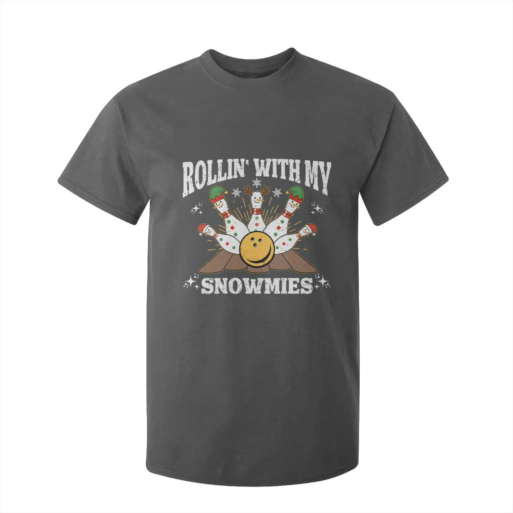 Funny Christmas Bowling T Shirt For Kid Rollin With My Snowmies Bowling Pins TS11 Dark Heather Print Your Wear